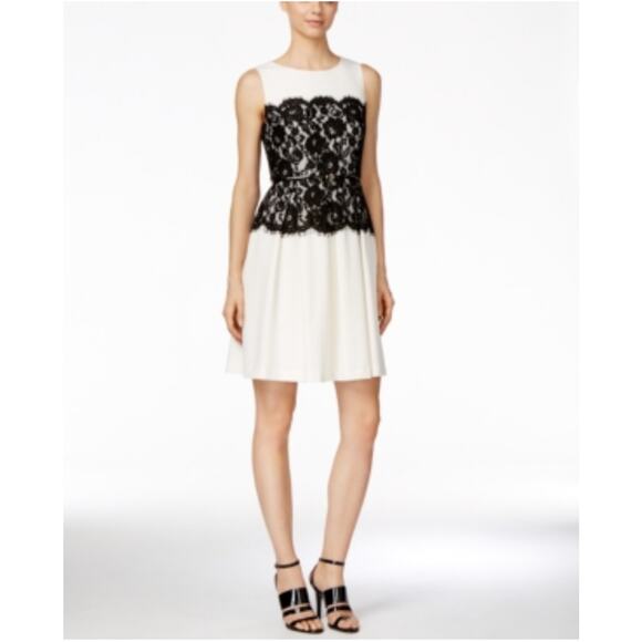 Calvin Klein Lace and Crepe Fit and Flare Cocktail Dress White and Black Size 6 - Picture 10 of 11